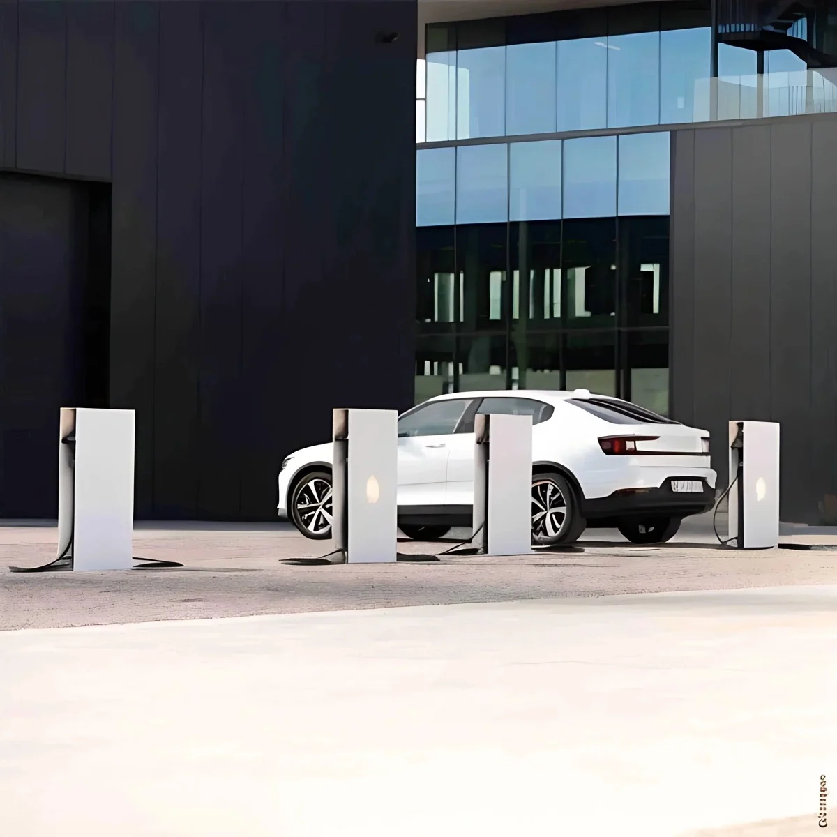 Smappee charging pillars in front of a modern office
